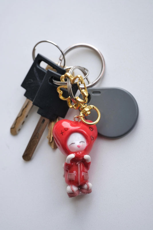 Handmade Kittie in Red Heart Costume Keychain