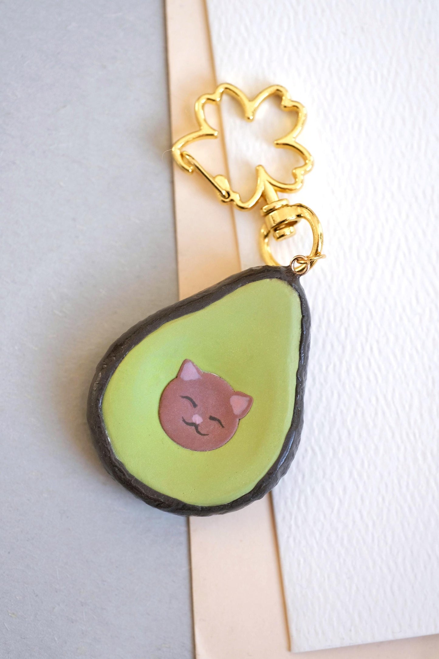Handmade Avocado Cat Worry Stone Keychain